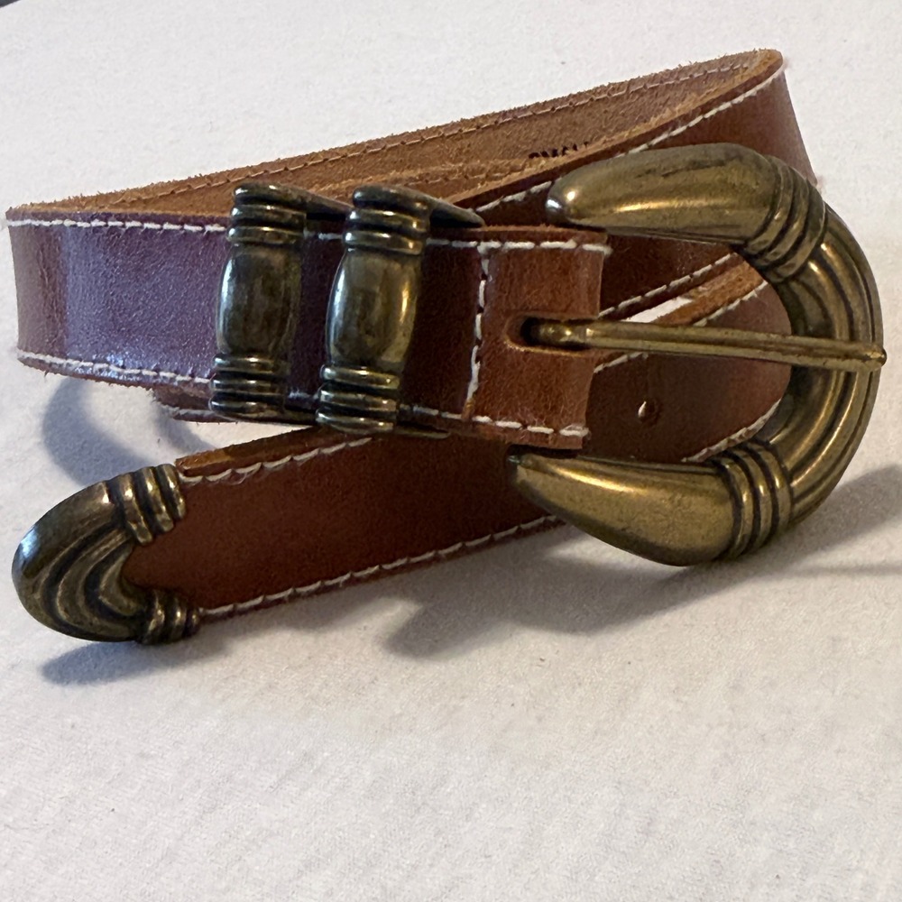 Liz Claiborne Leather Belt Women Small Brown Western Brass Buckle Vintage Boho